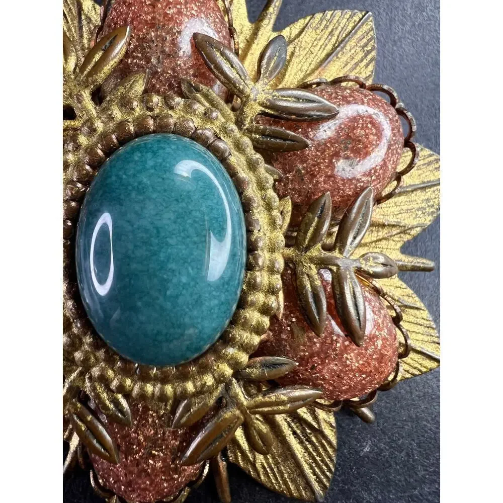 Vintage DeNicola Style Floral Brooch Gold Tone Faux Turquoise Glitter Cab